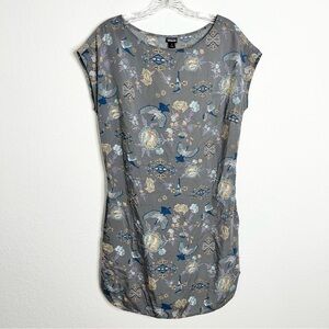 Patagonia Dress Women Small Floral Birds Gray Short Sleeve Pockets CC